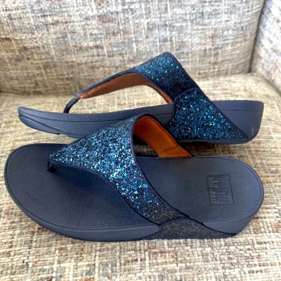 FitFlop Shoes Womens Size 9 Navy Glitter Glam Thong Sandals Comfort - Picture 2 of 6